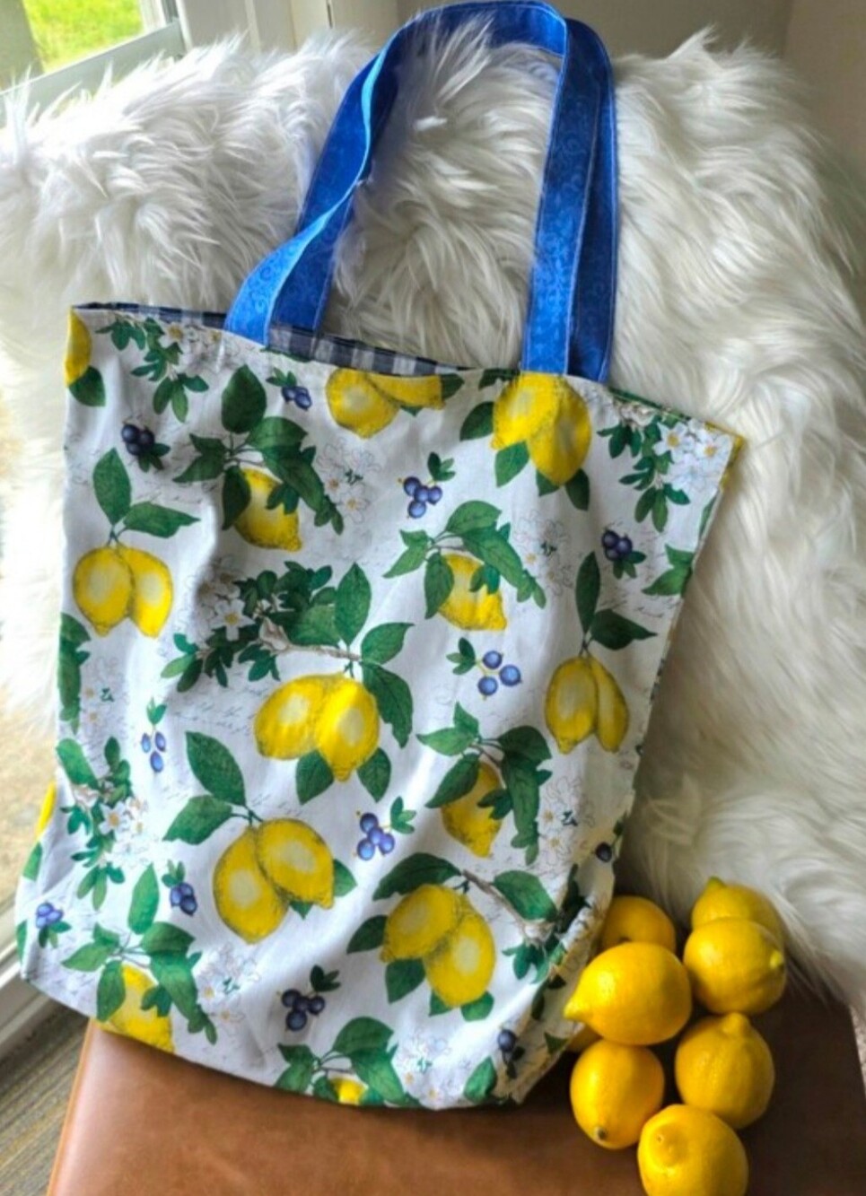 Reversible Lemon/Gingham Print Cotton Tote Bag